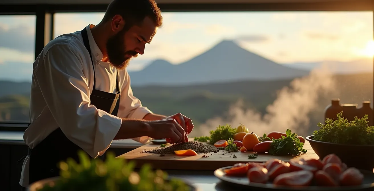 Vue panoramique d'un chef islandais en cuisine, entouré d'ingrédients locaux volcaniques et d'éléments naturels islandais
