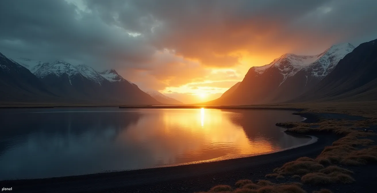 Paysage islandais avec un ciel montrant le soleil de minuit au-dessus de montagnes et d'un lac