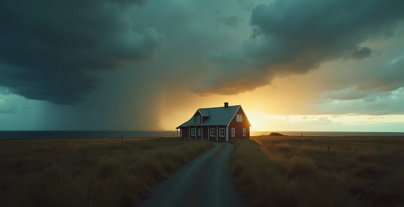 Représentation artistique de la philosophie islandaise þetta reddast avec un paysage changeant entre tempête et accalmie