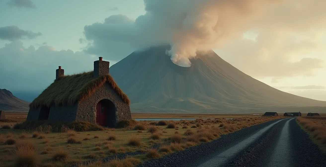 Paysage islandais dramatique avec volcan fumeux en arrière-plan et maison traditionnelle islandaise au premier plan, atmosphère de calme et de résilience
