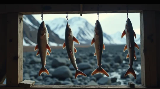 Requin du Groenland fermenté hákarl dans séchoir traditionnel islandais avec paysage volcanique