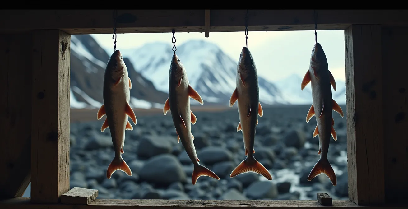 Requin du Groenland fermenté hákarl dans séchoir traditionnel islandais avec paysage volcanique