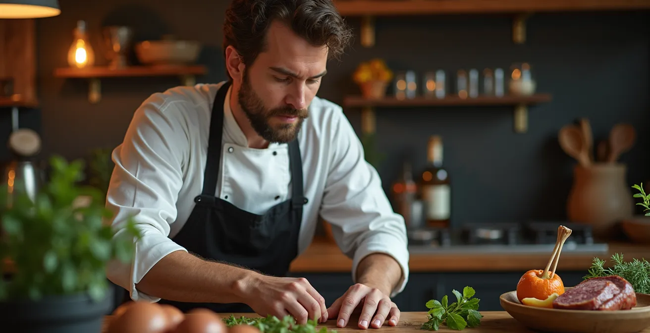 Portrait créatif d'un chef islandais en cuisine avec des éléments culturels et ingrédients locaux, ambiance immersive