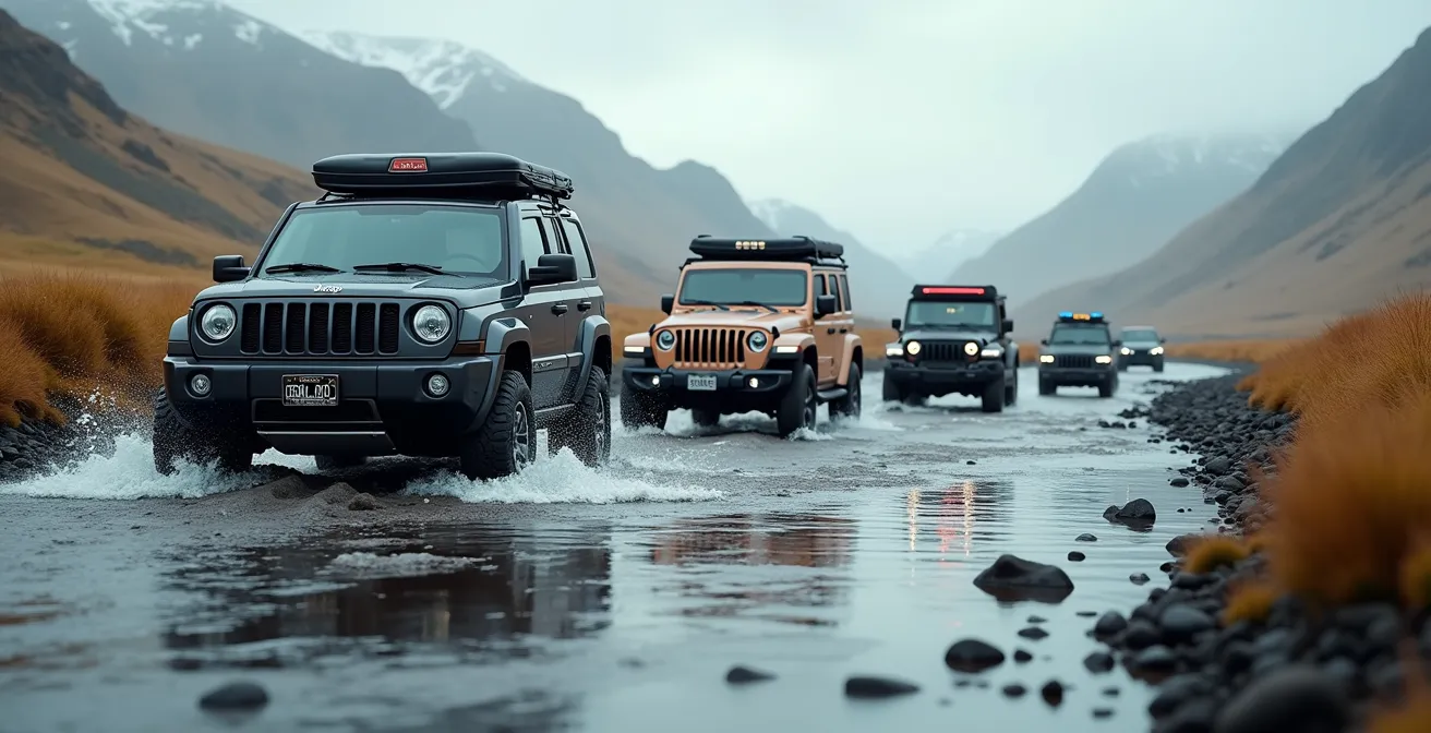 Illustration montrant différents types de 4x4 adaptés aux routes F islandaises avec des points de passage de gués