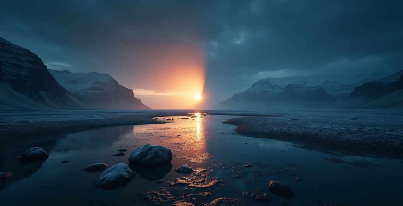 Effet du soleil de minuit et de la nuit polaire sur le paysage islandais, montrant ciel lumineux pendant la nuit et décor nocturne glacé