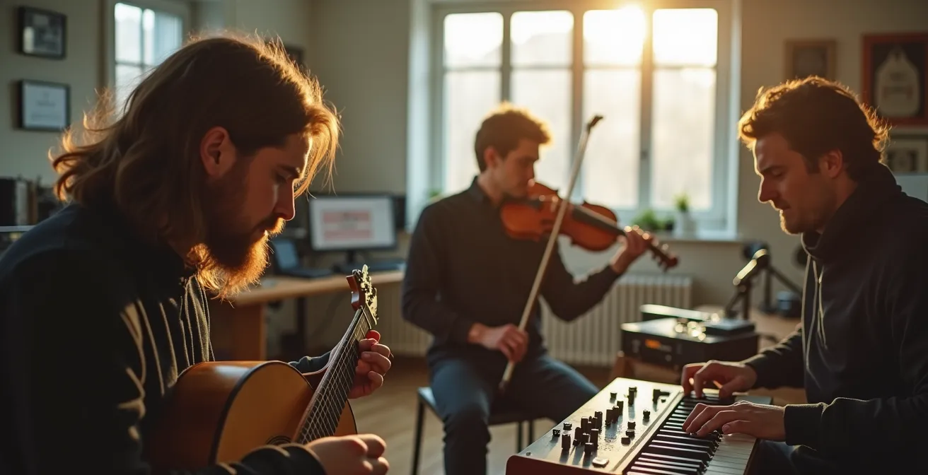 Musiciens islandais en séance de répétition dans un studio lumineux avec instruments traditionnels et modernes, ambiance créative et chaleureuse