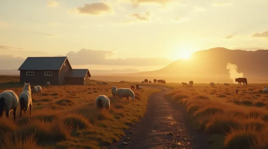 Paysage islandais avec une ferme traditionnelle, moutons, chevaux et montagnes en arrière-plan