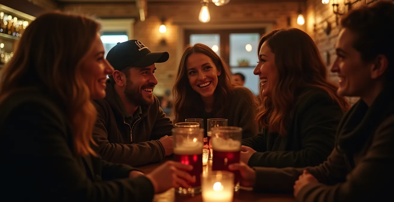 Scène sociale chaleureuse d'un groupe d'Islandais dans un bar, partageant un moment convivial et décontracté