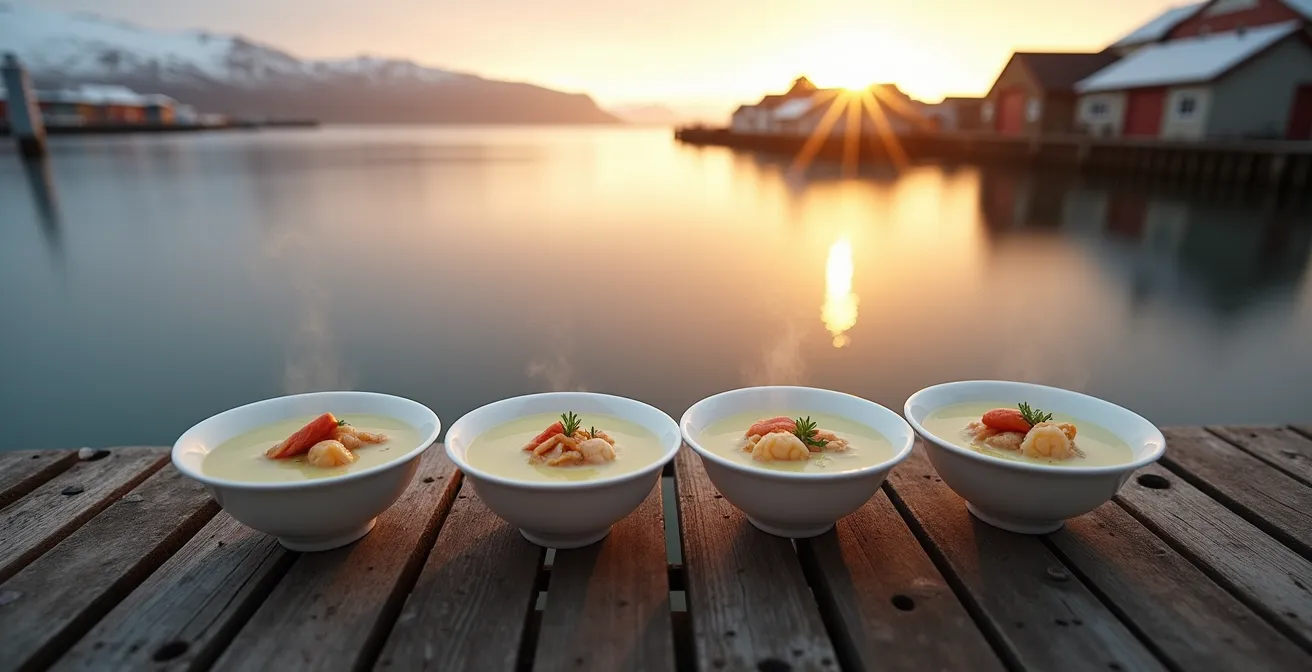 Assiette de soupe de langoustine crémeuse avec vue sur un port islandais en arrière-plan