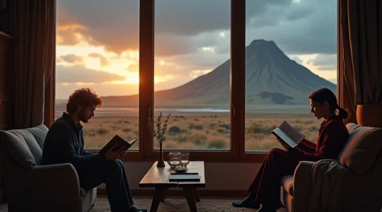 Paysage islandais avec éléments culturels symboliques comme un volcan, un livre, un musicien et des lettres islandaises anciennes