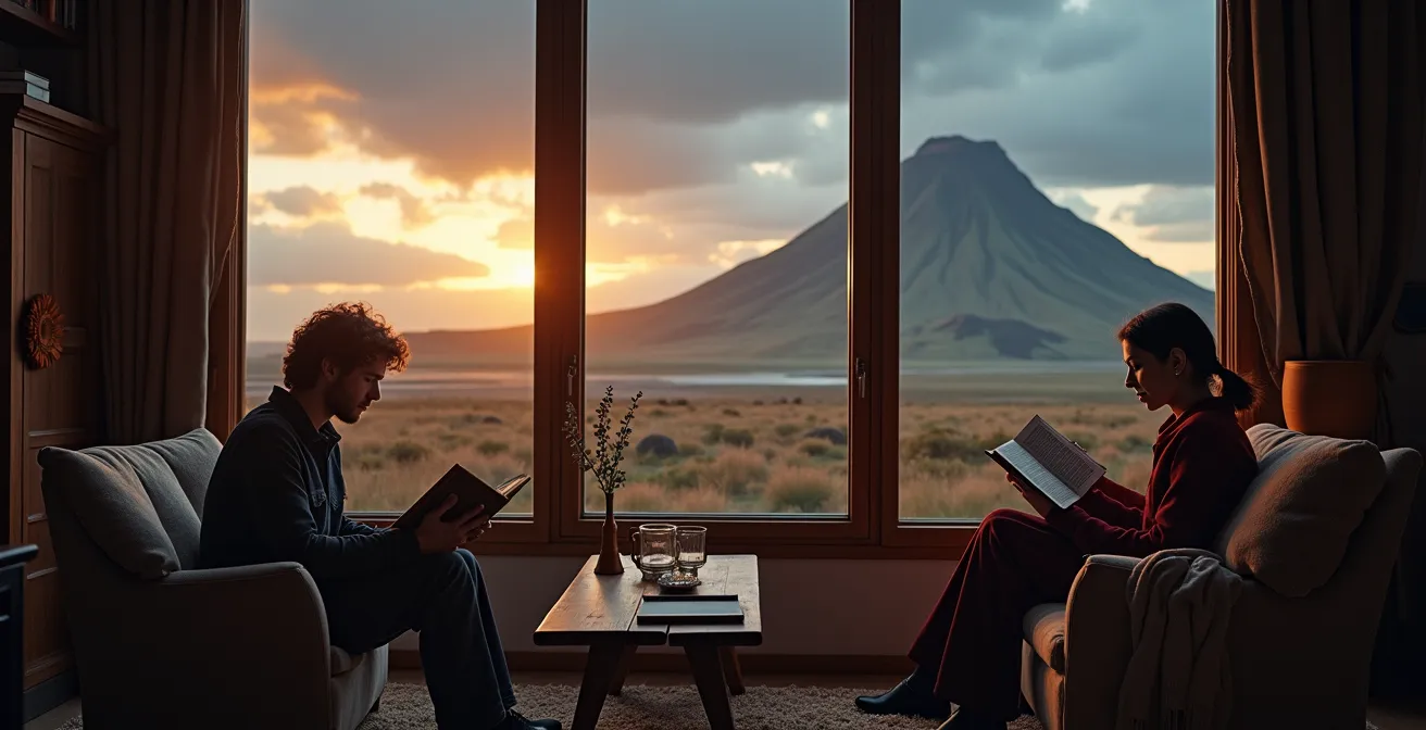 Paysage islandais avec éléments culturels symboliques comme un volcan, un livre, un musicien et des lettres islandaises anciennes