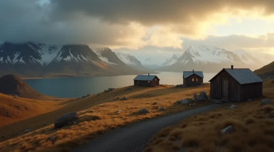 Paysage spectaculaire des Hautes Terres d'Islande avec des refuges de randonnée au premier plan et une chaîne de montagnes en arrière-plan sous un ciel dramatique