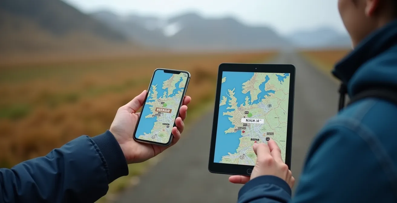 Illustration représentant un voyageur utilisant simultanément un smartphone affichant les sites Road.is et Vedur.is en plein air