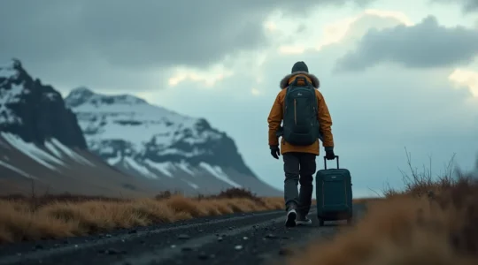 Voyageur préparant sa valise avec vêtements techniques devant un paysage islandais venteux et froid