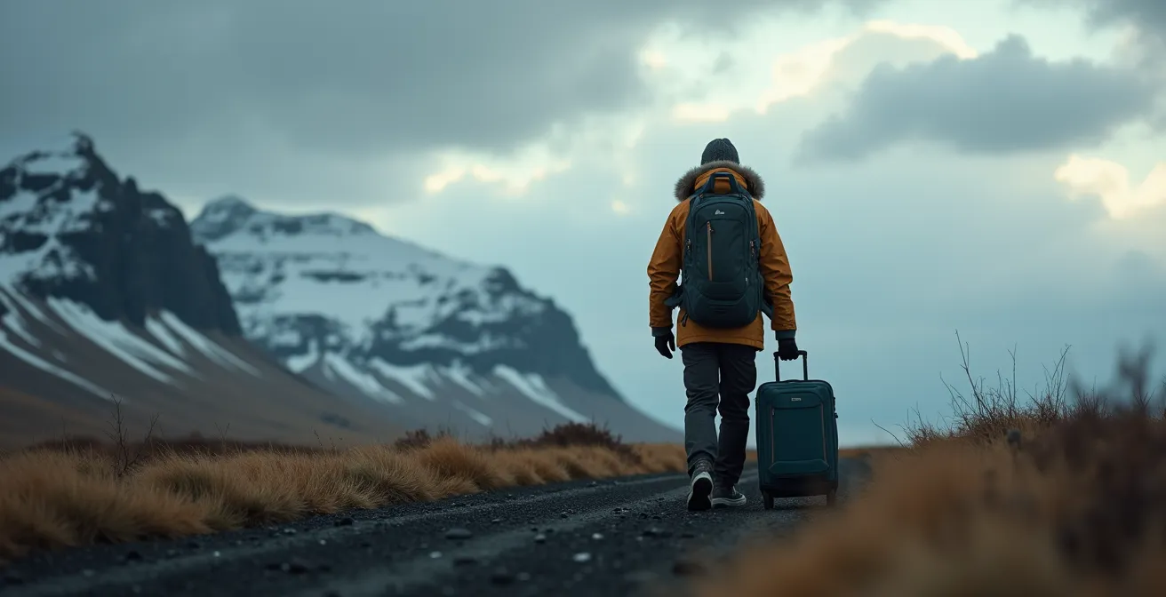 Voyageur préparant sa valise avec vêtements techniques devant un paysage islandais venteux et froid