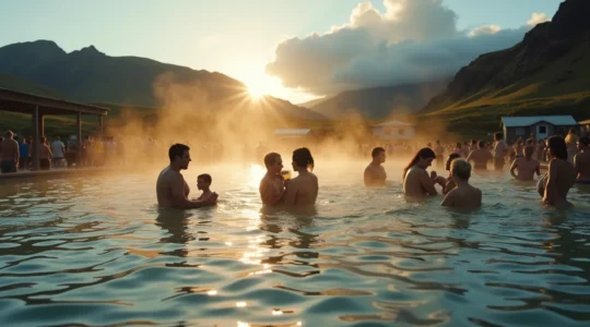 Paysage islandais avec une piscine géothermique en premier plan et des habitants en interaction autour, illustrant la nature et la culture locale