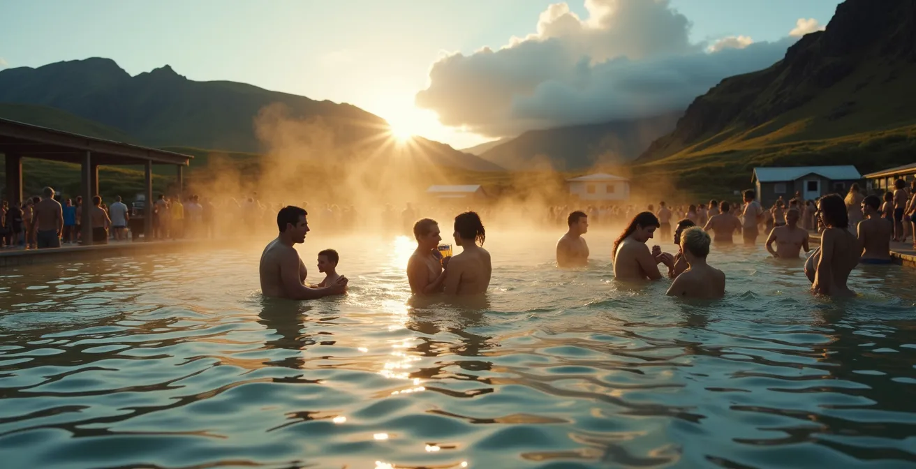 Paysage islandais avec une piscine géothermique en premier plan et des habitants en interaction autour, illustrant la nature et la culture locale