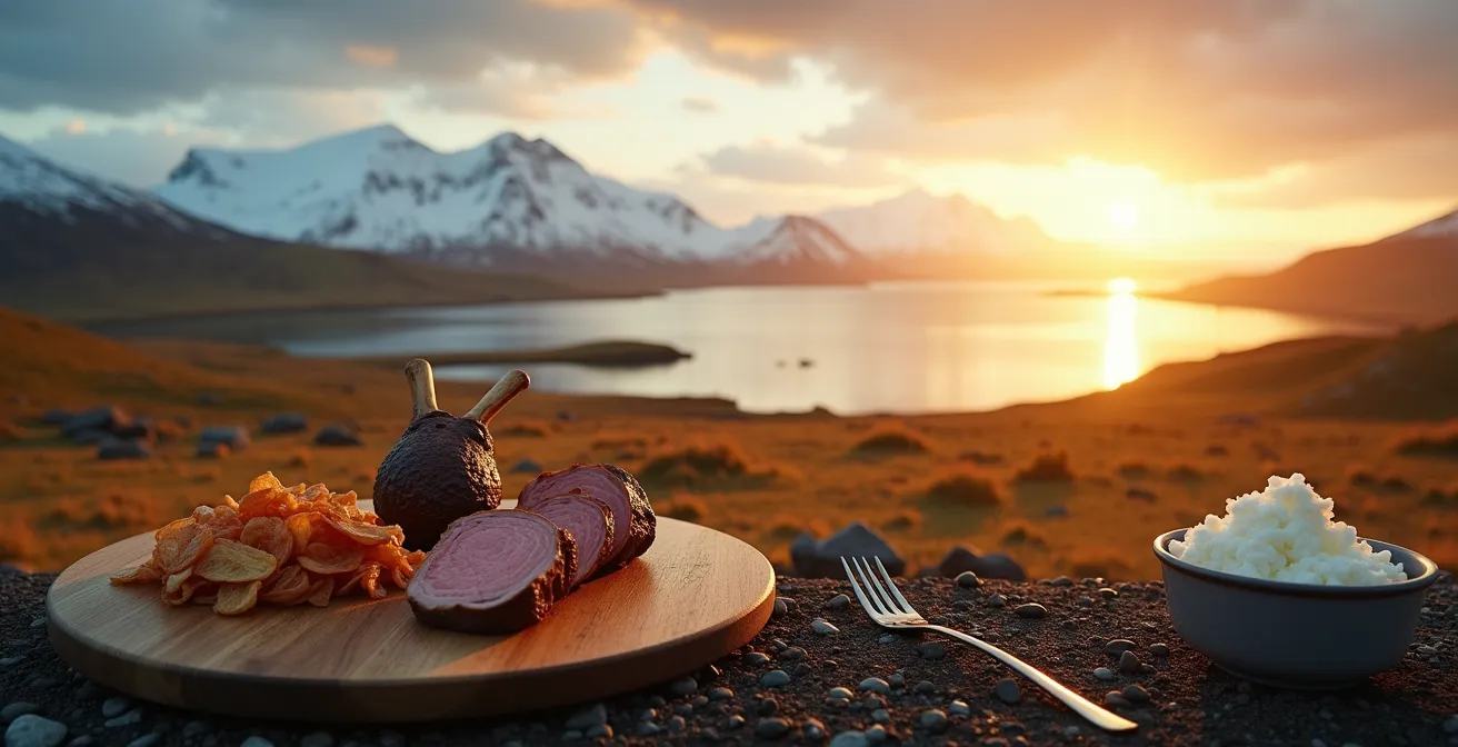 Paysage islandais avec éléments culinaires traditionnels comme skyr, poisson séché, et agneau fumé