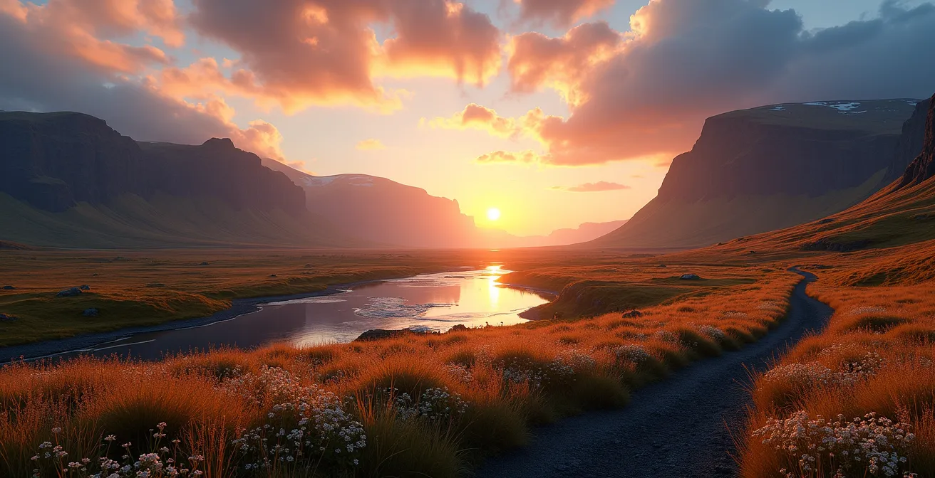 Paysage islandais d'été avec soleil de minuit, montagnes, cascades et ciel lumineux
