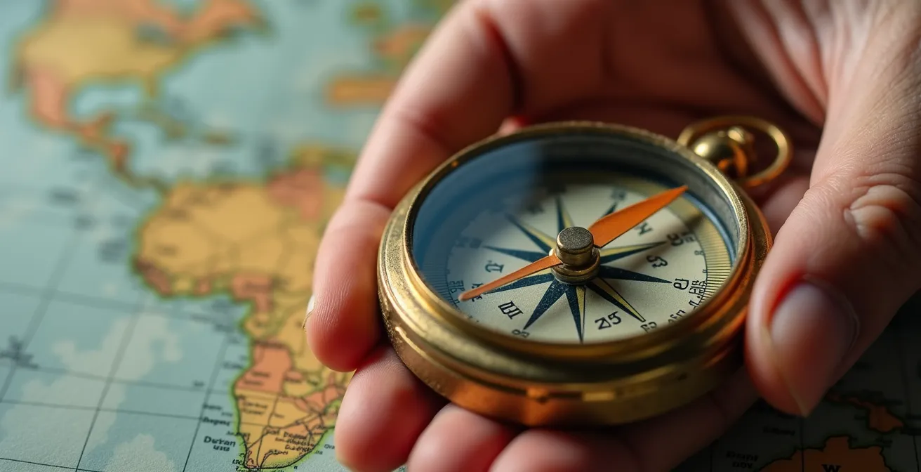 Main tenant une boussole vintage au-dessus d'une carte floue avec effet bokeh