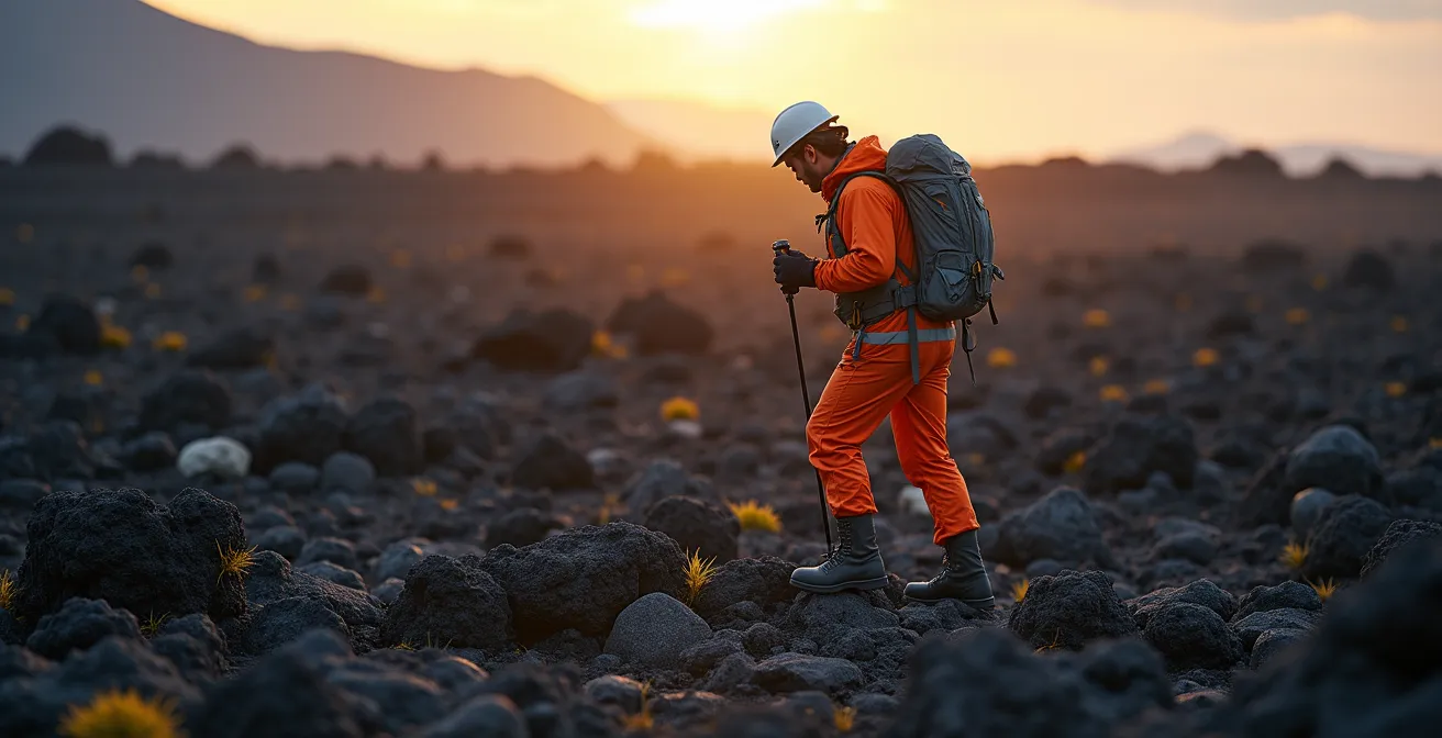 Personne en combinaison technique marchant sur un terrain de lave noire accidenté en Islande