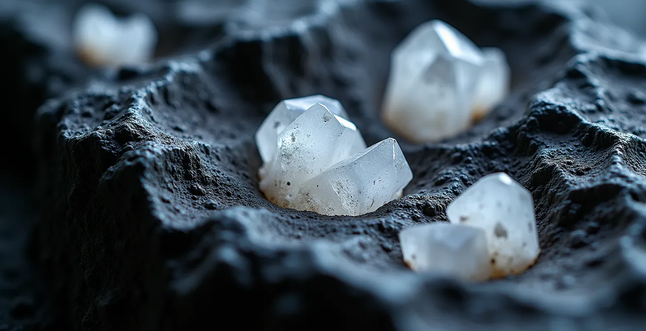 Gros plan sur une roche de basalte avec cristaux blancs de CO2 minéralisé incrustés