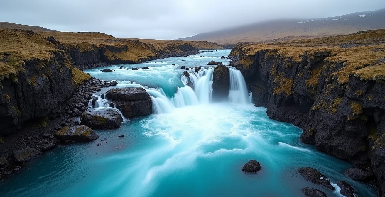 Large vue minimaliste de Bruarfoss avec son eau turquoise serpentant entre les roches volcaniques