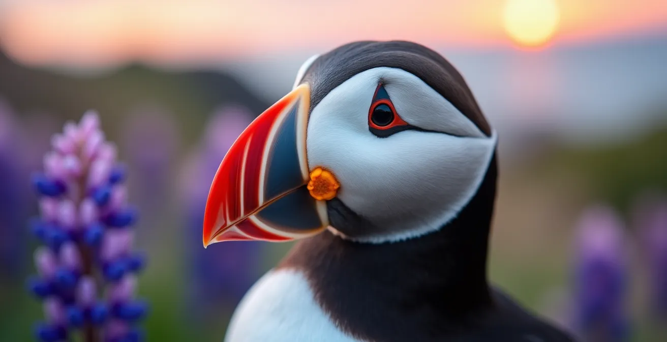 Paysage islandais montrant la transition des saisons avec macareux en été et aurores boréales en arrière-plan