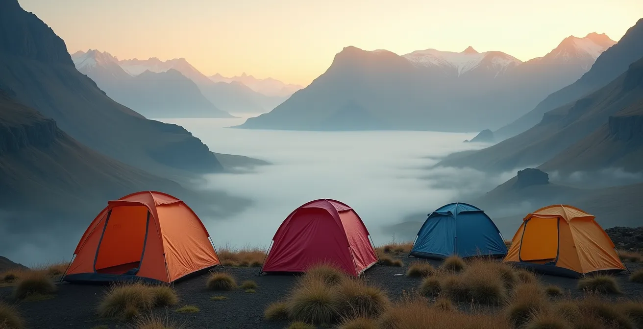 Campement isolé dans une vallée islandaise entourée de montagnes brumeuses