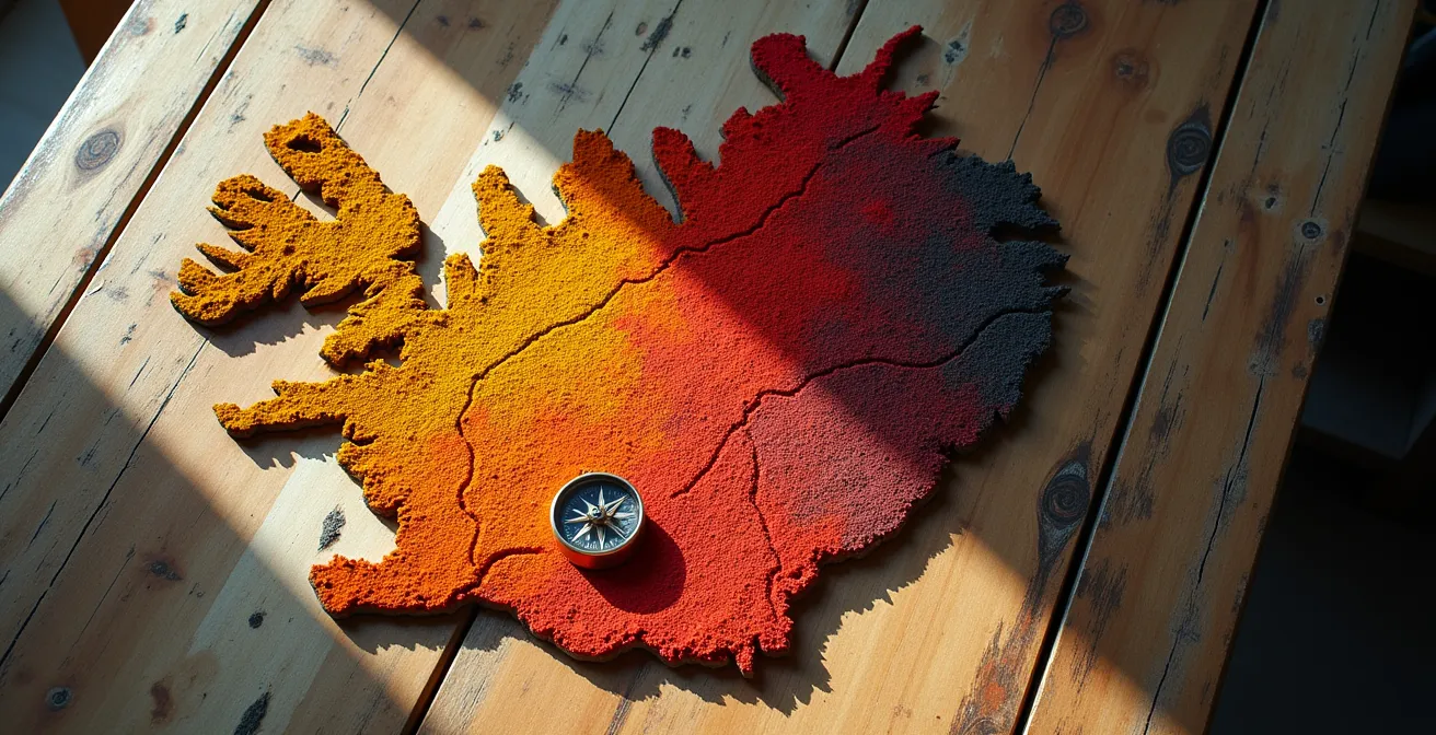 Carte stylisée de l'Islande avec gradient de couleurs indiquant la facilité du stop par région