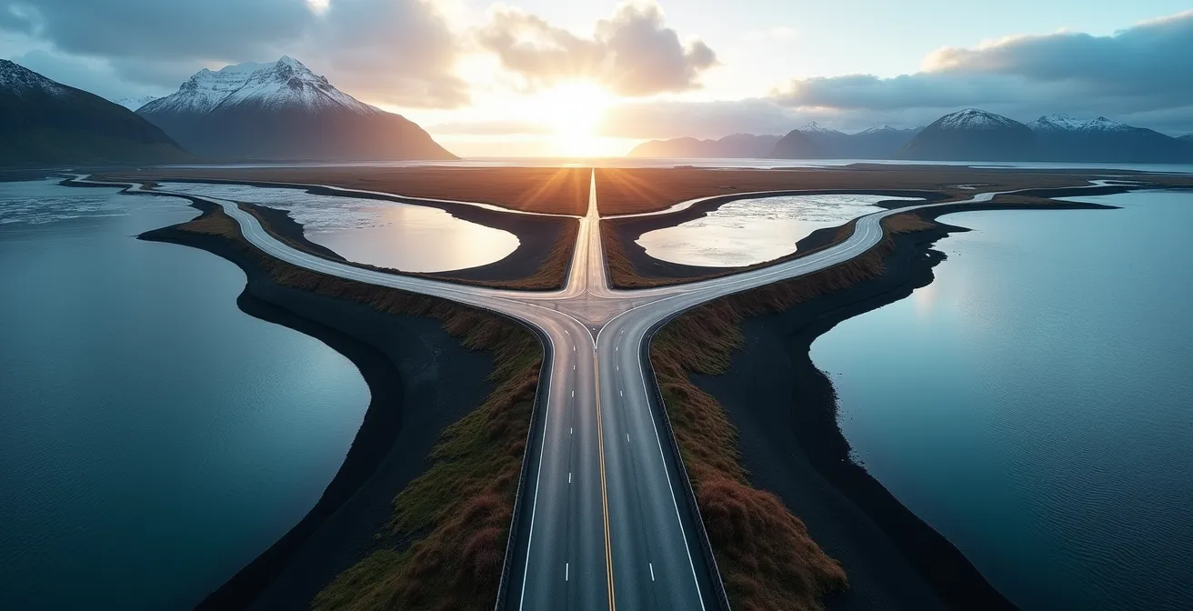 Vue aérienne symbolique montrant la bifurcation de la Route 1 avec les paysages contrastés du sud et du nord de l'Islande