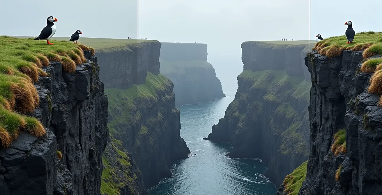 Vue aérienne montrant les différents types de falaises d'observation des macareux en Islande avec leurs caractéristiques distinctives