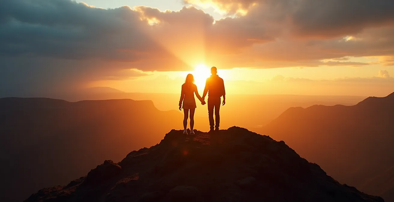 Couple au sommet d'une montagne islandaise au coucher du soleil