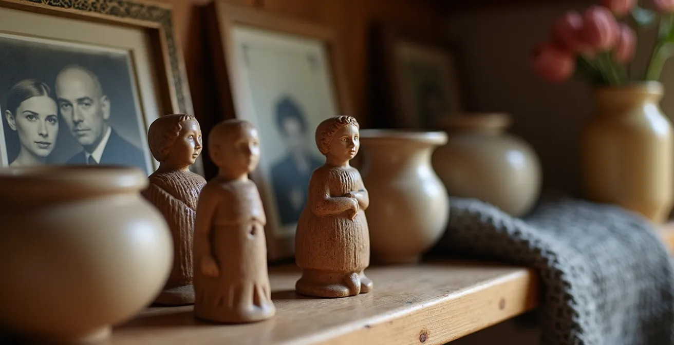 Détail macro d'une étagère avec objets personnels dans une maison islandaise