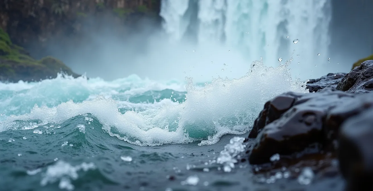 Vue macro de l'eau bouillonnante de Dettifoss avec embruns et roches basaltiques