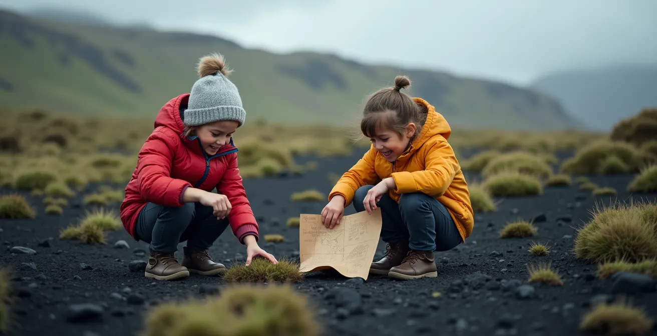 Enfants explorant un sentier de mousse volcanique avec carnet et boussole en Islande