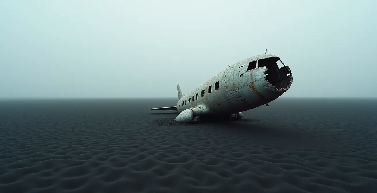 Épave solitaire d'avion sur une plage de sable noir infinie sous un ciel dramatique