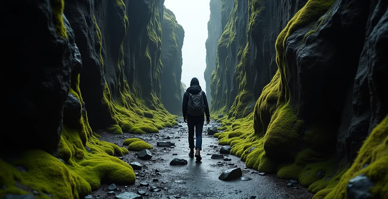 Marcheur solitaire dans la faille Almannagjá entre les parois de basalte recouvertes de mousse islandaise