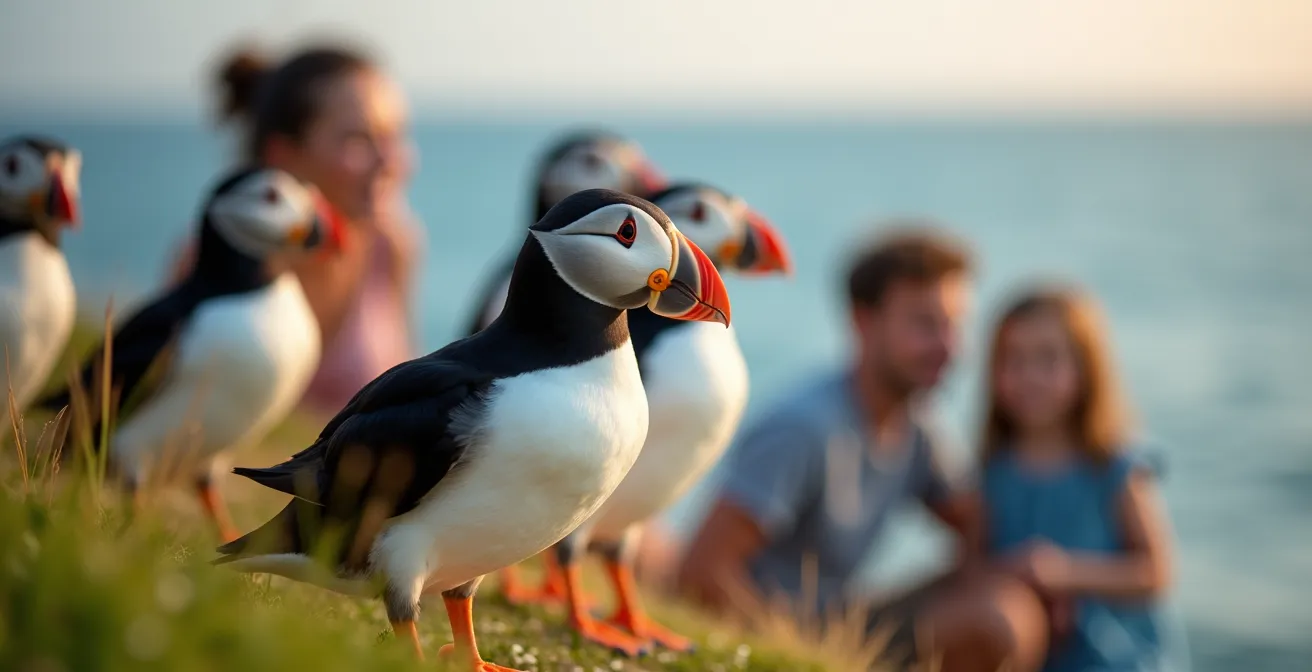 Famille avec enfants observant des macareux sur les falaises de Látrabjarg en Islande