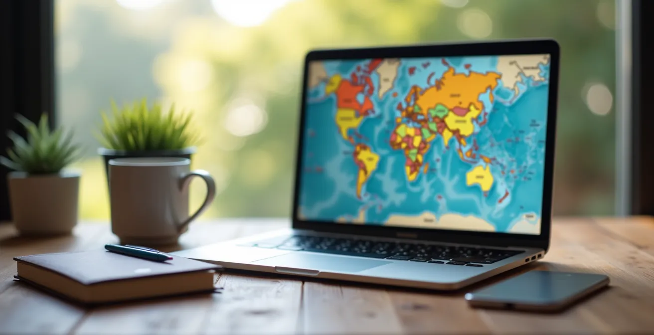 Ordinateur portable ouvert montrant une carte d'Islande avec des épingles colorées, vue de trois-quarts arrière