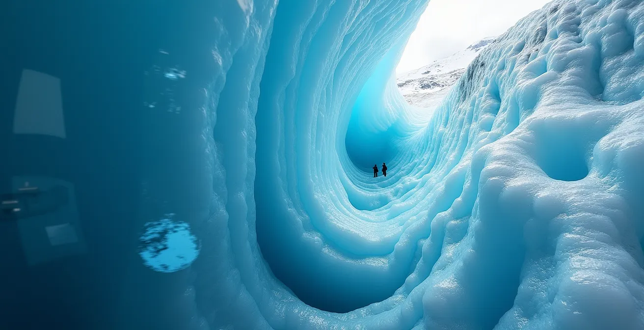 Vue aérienne depuis un hélicoptère survolant un glacier islandais