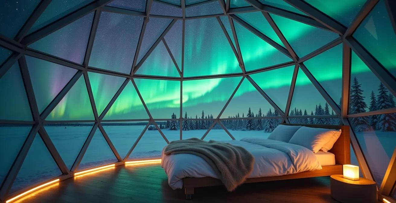 Intérieur d'une bulle de verre avec vue sur les aurores boréales en Islande