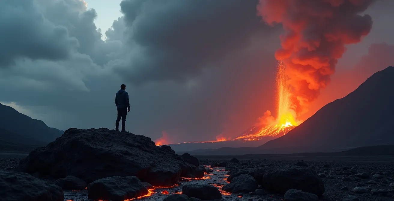 Silhouette humaine minuscule face à une éruption volcanique islandaise avec lave rougeoyante et fumée montante