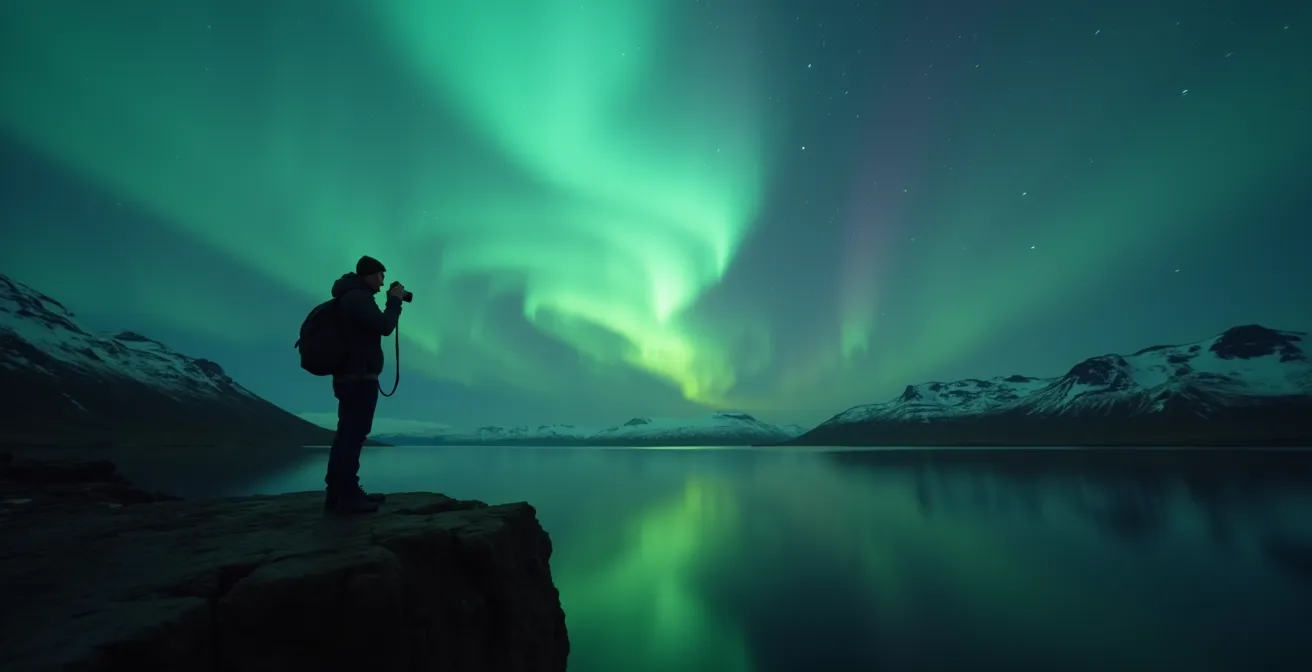 Photographe solitaire contemplant une aurore boréale au-dessus d'un fjord isolé dans l'Est islandais