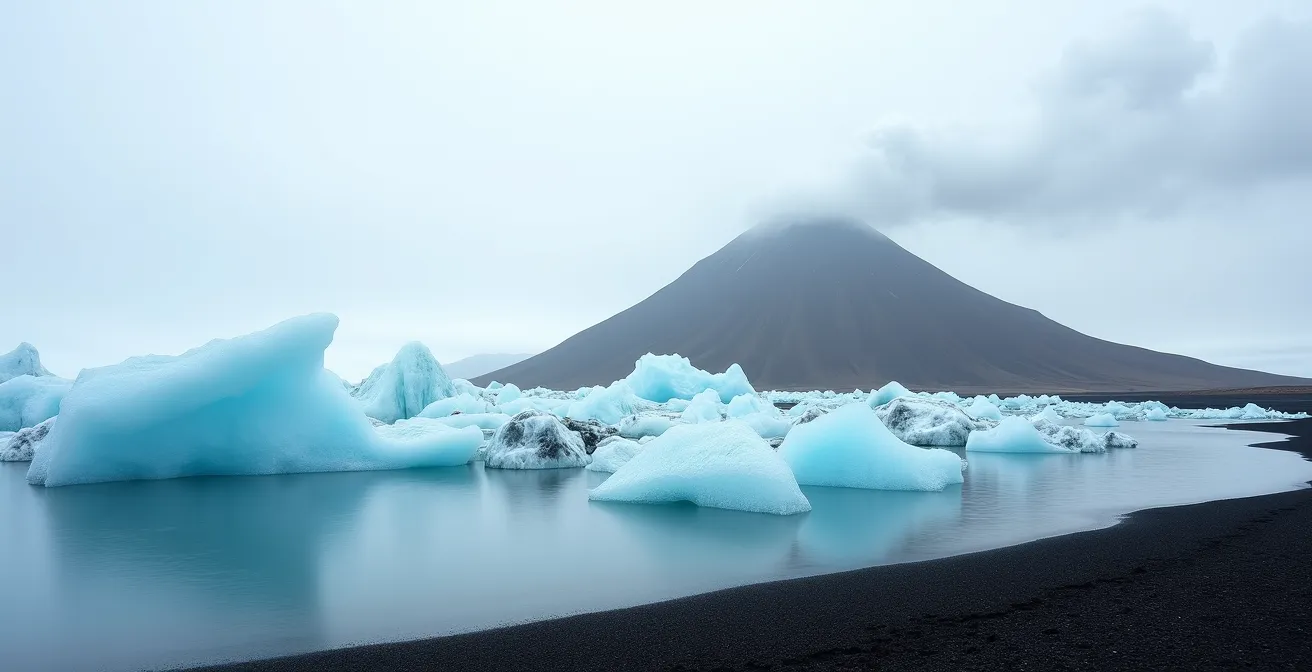Lagune glaciaire avec icebergs flottant devant des montagnes volcaniques