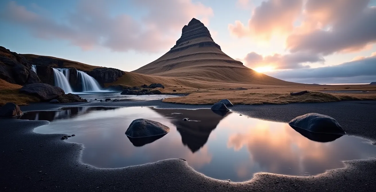 Vue du mont Kirkjufell avec les cascades Kirkjufellsfoss au premier plan sous lumière dorée