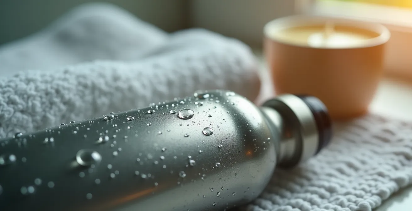 Macro détaillée d'objets essentiels pour les sources chaudes : bouteille d'eau, serviette et crème