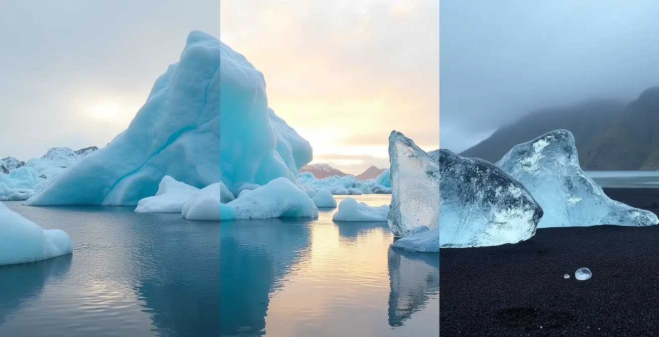 Trois lagunes glaciaires islandaises avec icebergs sous différentes lumières