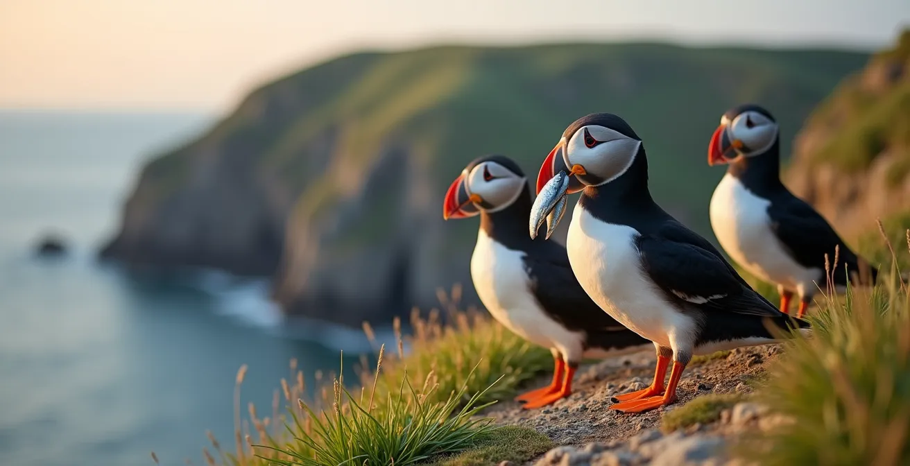 Groupe de macareux moines sur une falaise herbeuse islandaise avec leurs becs colorés remplis de poissons