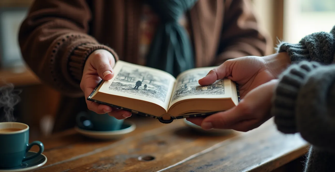 Échange de livre illustré entre mains dans un intérieur islandais traditionnel